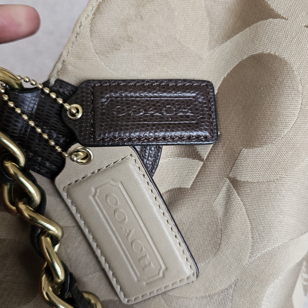 Coach Signature Tote Khaki Brown Leather Trim Chain Straps - Picture 8 of 10